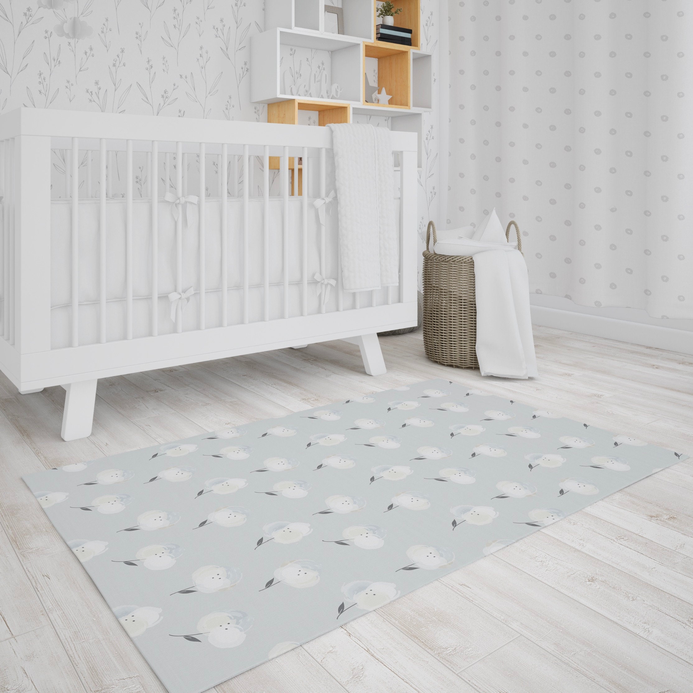 Nursery Light Grey Floral Rugs Scandinavian Nursery Area Rug Etsy
