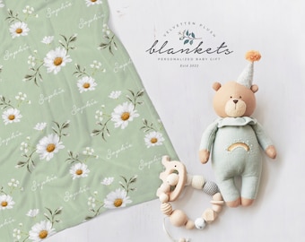 Sage Green Personalized Baby Blanket, Daisy Floral Custom Baby Name Blanket, Baby Girl Shower Gift, Poppies Blanket for baby Girls