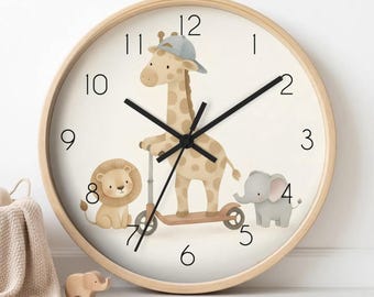 murale Safari animaux de la pépinière, girafe, lion, éléphant | Horloge silencieuse, cadeau de naissance