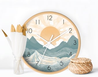 Mountain and Sun Wall Clock, Sunset Mid Century Clock, Minimalist Clock Wall, Boho Wall Decor, Mountain Wall Clock, Modern Clock Wall