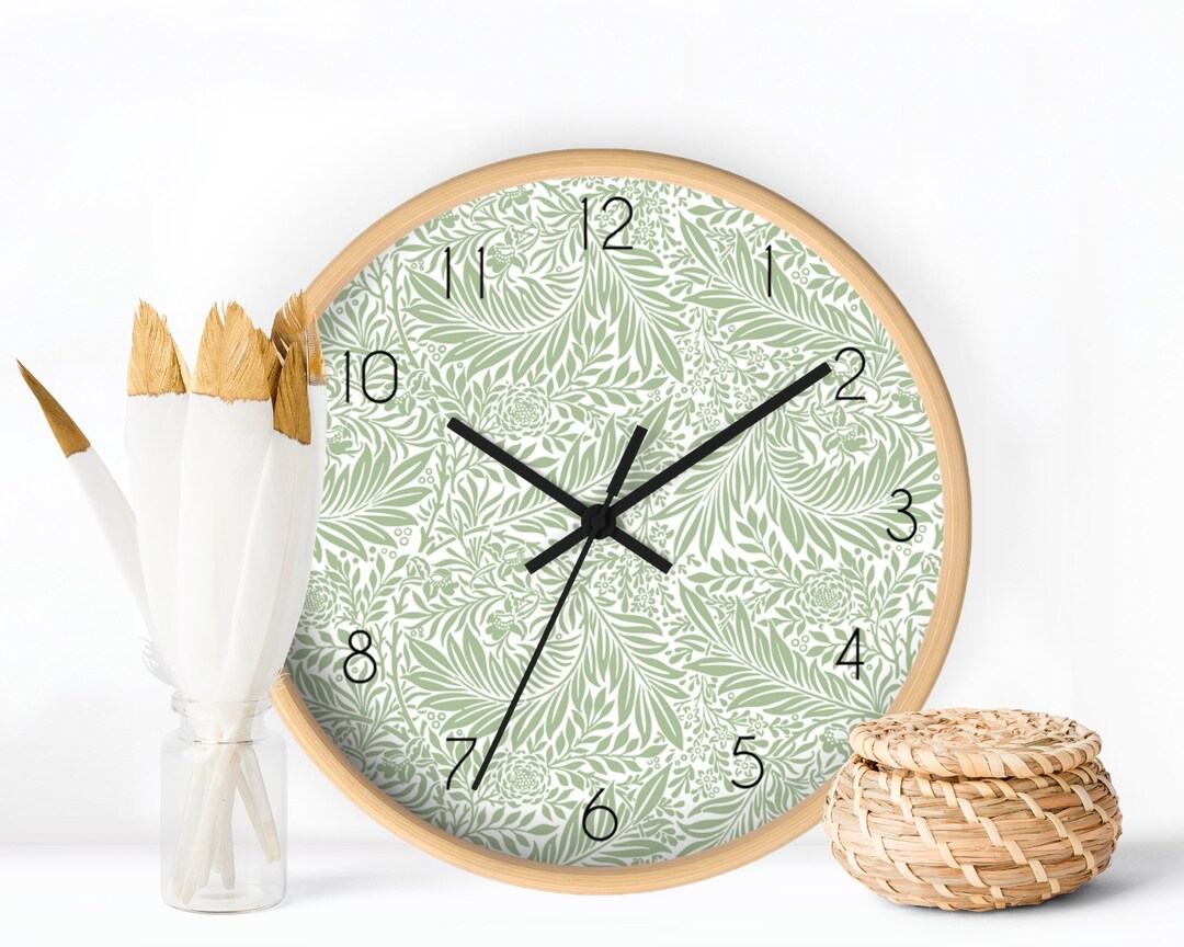 Botanical Clock, Sage Green Wall Clock, Minimalist Clock Wall, Floral