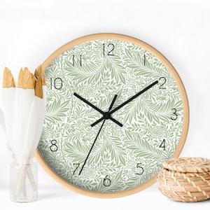 Botanical Clock, Sage Green Wall Clock, Minimalist Clock Wall, Floral Wall Decor, Bedside Decorative Clocks