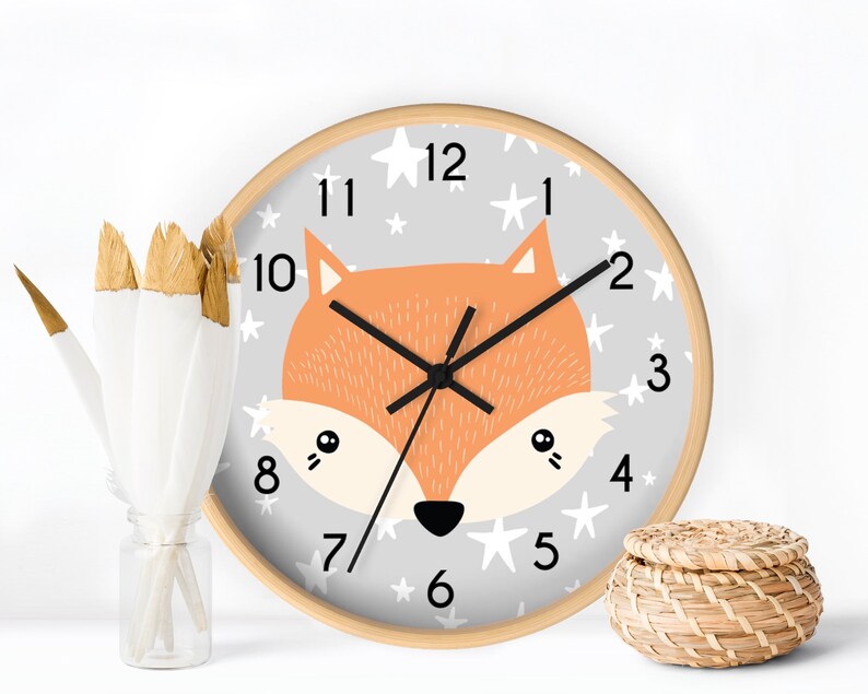 Woodland Nursery Wall Clock Cute Fox Kids Clock Kids Room Etsy