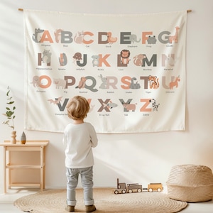 Kids Wall Tapestry Alphabet Design, Earth Tones Animals Alphabeth Kids Room Tapestry, Playroom Wall Decor Tapestry