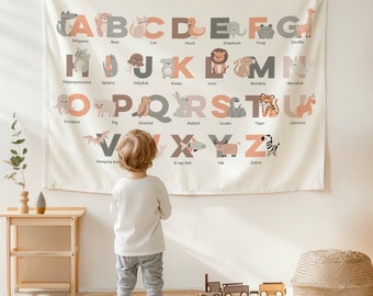 Kids Wall Tapestry Alphabet Design, Earth Tones Animals Alphabeth Kids Room Tapestry, Playroom Wall Decor Tapestry