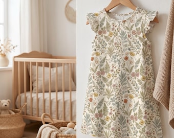 Girls Flutter Sleeve Summer Dress, Botanical Floral Spring Outfit, Toddler Dress