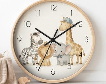 murale aquarelle animaux de safari | Horloge silencieuse pour chambre de bébé, cadeau de naissance