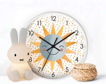 Cute Sun and Moon Watercolor Wall Clock, Scandinavian Hand Painted Nursery Clock, Dust Blue and Yellow Kids Wall Clock, Silent Clock