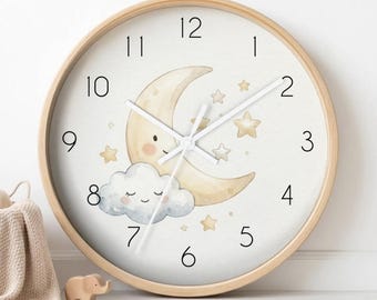 murale silencieuse lune et nuage | Cadeau de baby shower, décoration de chambre d'enfant calme et neutre