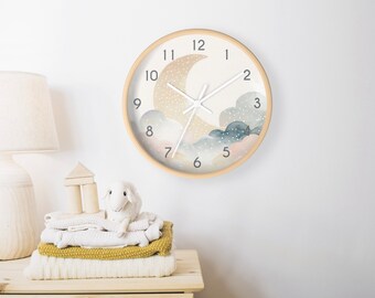 Boho Nursery Wall Clock, Neutral Colors, Moon and Clouds, Kids Room Decor, Wooden Round Clock, Perfect Baby Shower Gift Idea