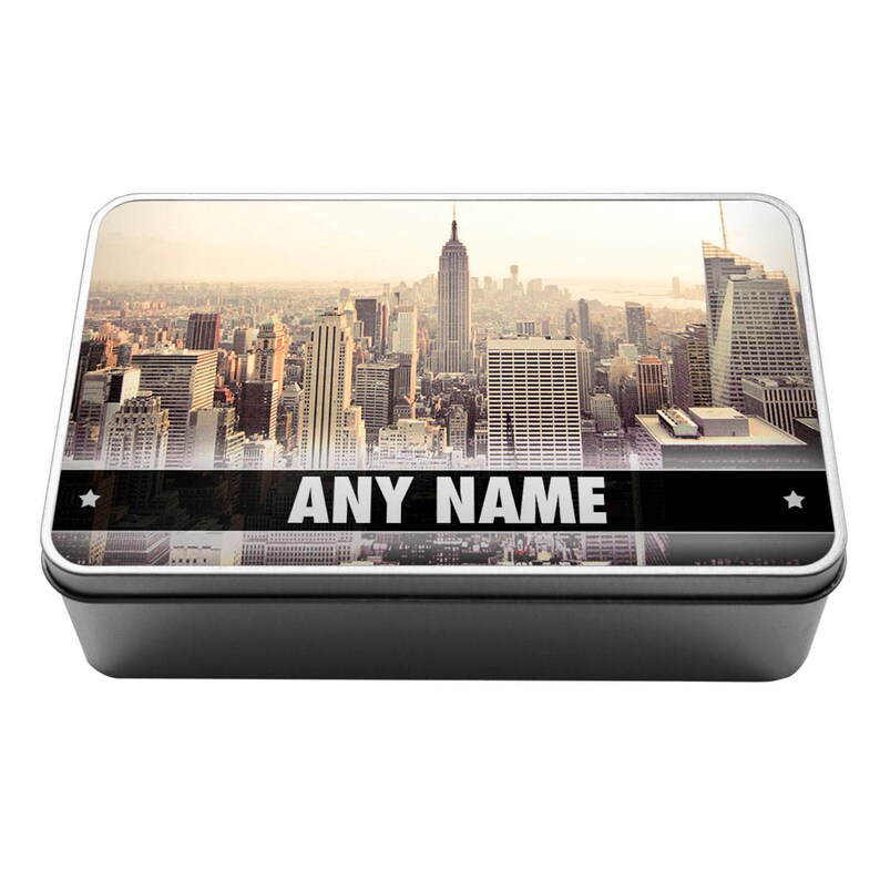Present Birthday Crayons Personalised New York Metal Storage Tin Box Pencils Kids Christmas