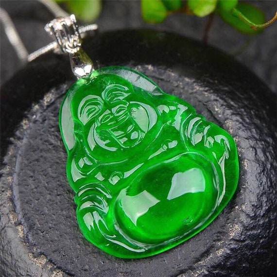 Real Genuine Natural Green Ice Jade Laughing Buddha Amulet - Genuine Jade Buddha Pendant