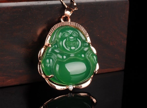 Authentic Green Jade Laughing Buddha Maitreya Pendant 18k Gold - Genuine Jade Buddha Pendant