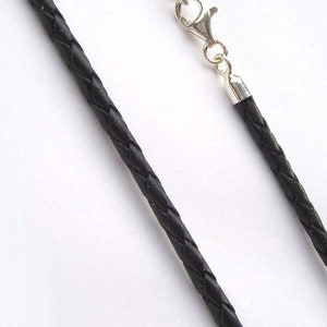 Leather necklace braided black closure 925 sterling silver