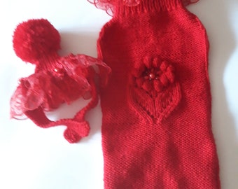 Red dog dress, dog dress, red dog sweater dress,party dress.Pet Clothing, dress for dog, Dog hat