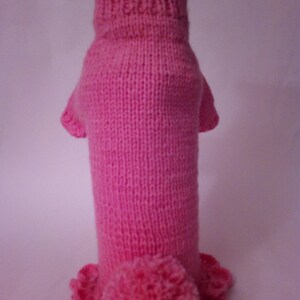 May include: A pink knitted dog sweater with a pom-pom on the back.