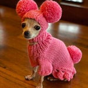 May include: A small, light pink knitted dog sweater with a matching hat featuring two large pom-poms on top. The sweater has a ruffled trim around the bottom and a turtleneck.