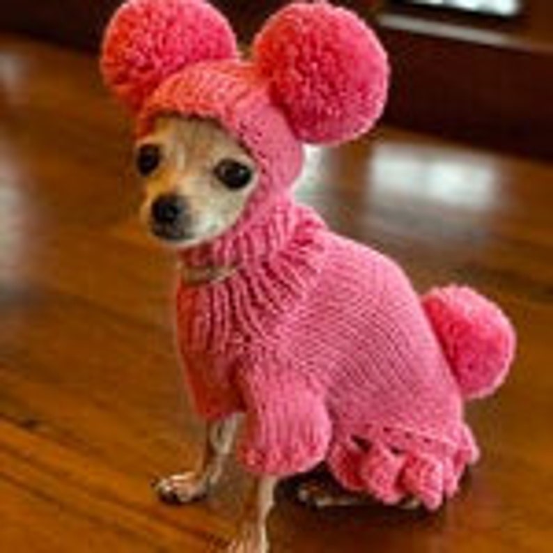May include: A small, light pink knitted dog sweater with a matching hat featuring two large pom-poms on top. The sweater has a ruffled trim around the bottom and a turtleneck.