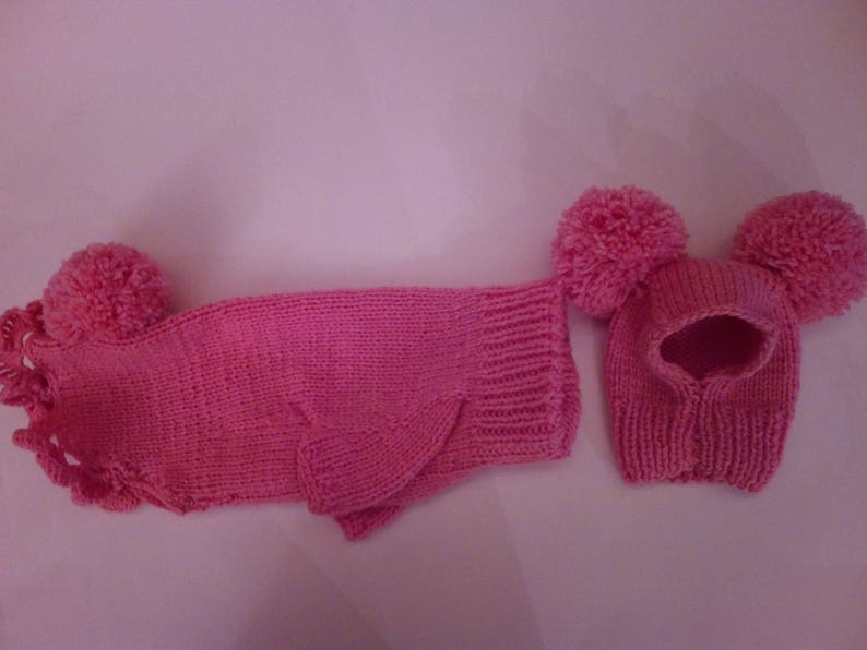 May include: A pink knitted dog sweater and hat set with pom-poms. The sweater has a hole for the dog's tail.