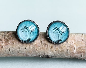 Pendientes de botón Árbol de la Vida - Joyería Woodland - Impresionante color azul metálico o verde - Selva australiana