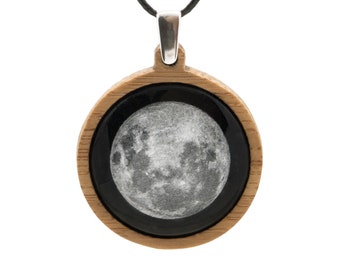 Full Moon Necklace - Eco Friendly Bamboo & Recycled Silver - Metallic Black And Silver - Adjustable Length