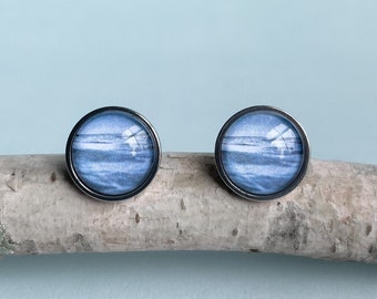 Impresionantes pendientes de botón con océano azul - Con fotografía original de un paisaje marino - Hechos a mano en Tasmania, Australia