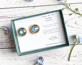 Pendientes de flor Forget Me Not - Bonito diseño azul y verde - Postes hipoalergénicos