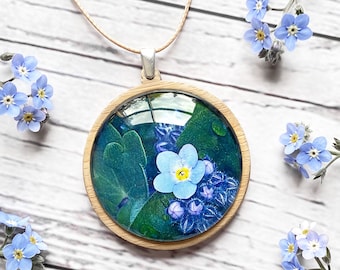 Collar floral azul - No me olvides flor - Colgante de madera ecológico - Hecho en Australia - Tamaño grande