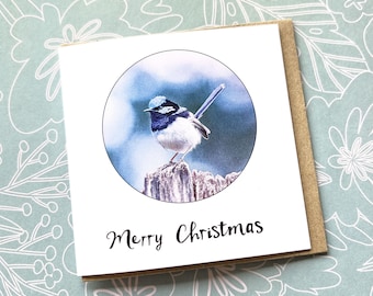 Tarjeta navideña con hada azul: creada a partir de fotografías originales de la naturaleza de Tasmania; impresa en papel reciclado