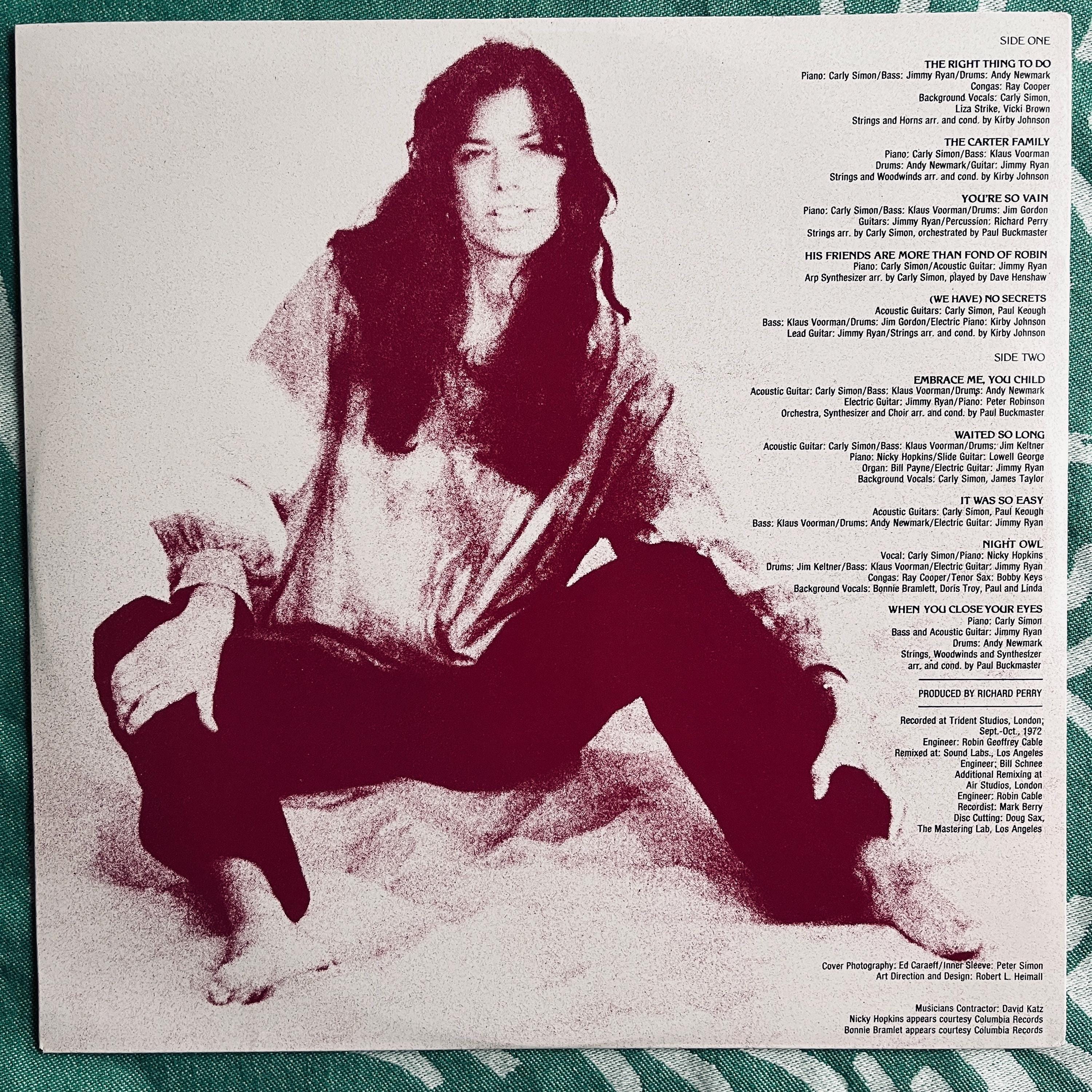 Vintage Vinyl Carly Simon – No Secrets 70's Pop Rock Soft Rock