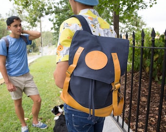 Lizzie Jackson Designs Navy Blue Leather and Canvas Backpack, Rucksack, Laptop Backpack, Day Pack - Free Shipping