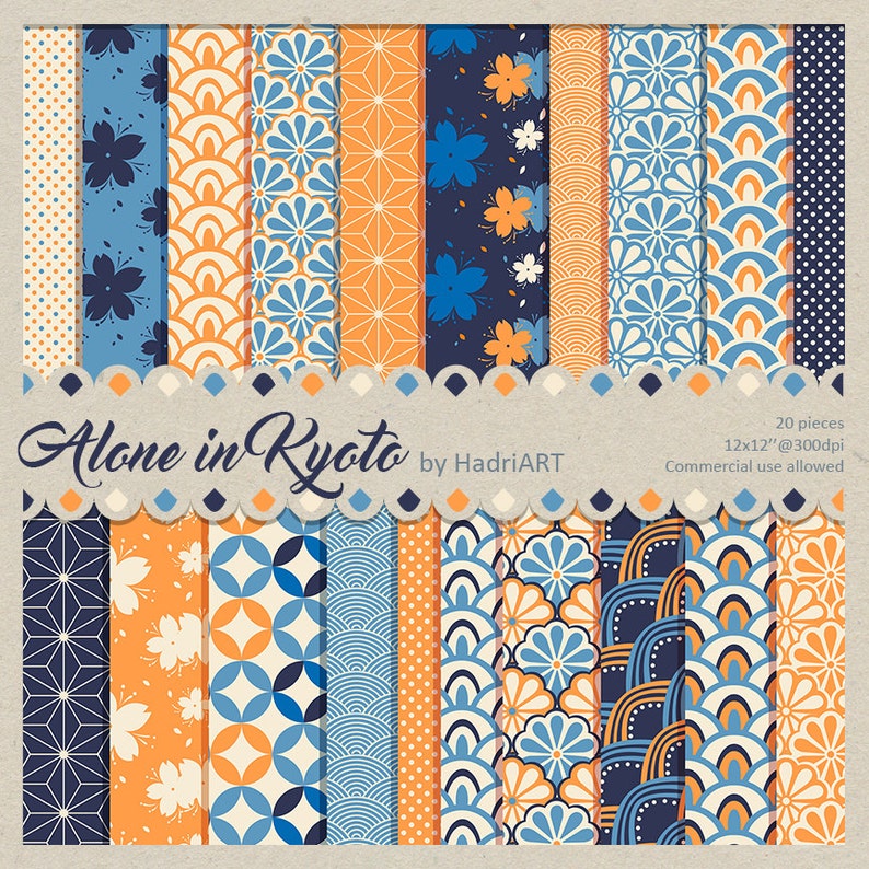 Orange and Navy Digital Paper Japanese Scallops Pattern Etsy