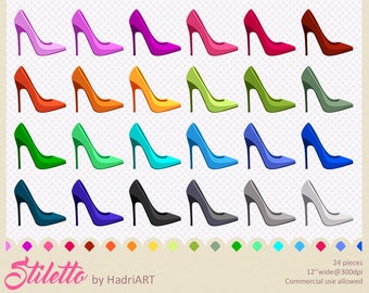 24 Women's Shoes Clip Art, Planner Stiletto High Heels in Rainbow Colors