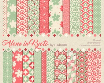 Japanese Christmas Digital Paper: Cherry Blossoms, Waves, Polka Dots And Scallops