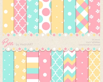 Bright Digital Paper With Cute Yellow, Green and Pink  Patterns