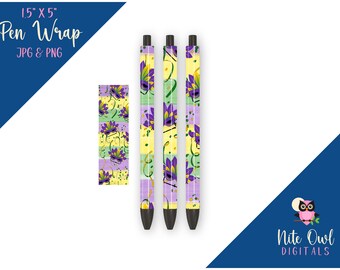 Mardi Gras Pen Wrap • Masks on Yellow, Green and Purple Watercolor Stripes • Sublimation, Vinyl or Waterslide JPG & PNG for Epoxy/Resin Pens