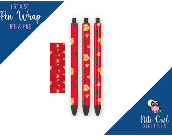 Love / Valentine Pen Wrap • Gold Glitter and Black Hearts on Red • Printable Sublimation, Vinyl or Waterslide JPG & PNG for Epoxy/Resin Pens