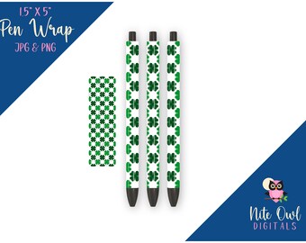 St. Patrick's Day Pen Wrap • Green 4-Leaf Clover Shamrocks on White • Sublimation, Vinyl or Waterslide JPG & PNG for Epoxy / Resin Pens
