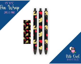 Love / Valentine Pen Wrap • Gold Glitter Cupid w/ Red Hearts on Black • Sublimation, Vinyl or Waterslide JPG & PNG for Epoxy / Resin Pens