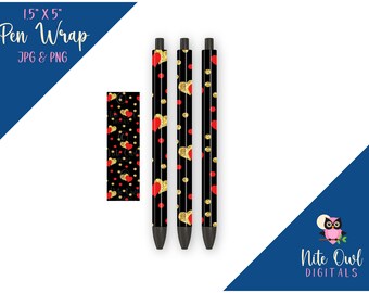 Love / Valentine Pen Wrap • Gold Glitter and Red Hearts on Black • Printable Sublimation, Vinyl or Waterslide JPG & PNG for Epoxy/Resin Pens