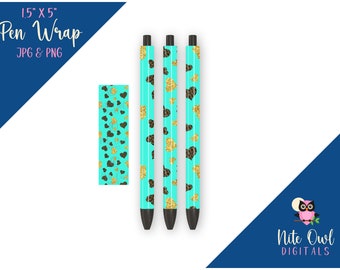 Love / Valentine Pen Wrap • Gold Glitter w/ Black Hearts on Mint • Printable Sublimation, Vinyl or Waterslide JPG & PNG for Epoxy/Resin Pens