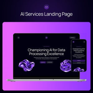 May include: A laptop and a mobile phone display a website with a dark background and purple text. The website is titled "Championing AI for Data Processing Excellence". The text on the website reads "Experience the pinnacle of efficiency in data processing with AI at the helm, driving excellence in every operation."
