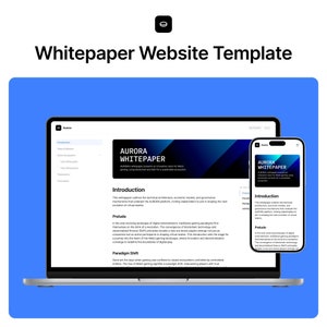 Puede incluir: Un portátil y un teléfono móvil muestran una maqueta de sitio web para un libro blanco. El sitio web presenta un fondo azul con un encabezado azul oscuro que dice "AURORA WHITEPAPER". El texto del sitio web describe la arquitectura técnica, los modelos económicos y los mecanismos de gobernanza de la plataforma AURORA.