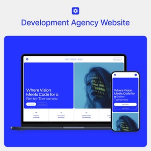 Könnte beinhalten: Ein Website-Mockup für eine Entwicklungsagentur, das einen Laptop und ein Mobiltelefon zeigt. Die Website hat einen blauen Hintergrund mit dem Text "Where Vision Meets Code for a Better Tomorrow" und ein Foto einer Frau mit einer digitalen Überlagerung auf ihrem Gesicht. Die Website enthält auch Abschnitte für "Industry Expertise", "Innovative Solutions" und "Collaborative Partnerships".