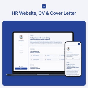 Puede incluir: Una maqueta de un sitio web y una pantalla de teléfono móvil que muestra un currículum y una carta de presentación para un gerente de RR. HH. El texto en la pantalla dice "Soy un líder de RR. HH. experimentado que impulsa estrategias de transformación de personas".