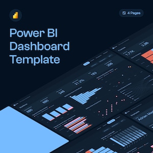 May include: A dark blue Power BI dashboard template with charts and graphs displaying data on sales, employees, and financials. The dashboard has a modern design with a dark background and light blue accents. The text "Power BI Dashboard Template" is displayed in large white letters at the top of the image.