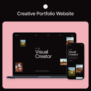May include: A laptop and smartphone display a website design with the text "Creative Portfolio Website." The website features the name "Kat Elwood" and the words "Visual Creator" in white text on a black background. The website showcases photography.