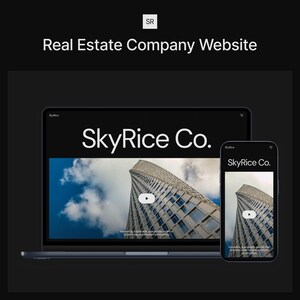 以下が含まれることがあります： 不動産会社SkyRice Co.のウェブサイトを表示しているラップトップコンピューター。ウェブサイトには、曇り空を背景にした近代的な超高層ビルのビデオが掲載されています。