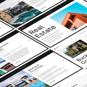May include: A real estate presentation with images of modern homes and text that reads "Real Estate" and "We are here to guide you through every step of the buying or selling process."