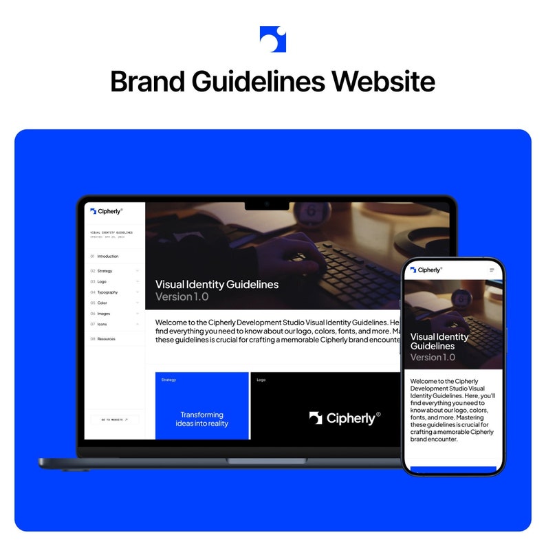 May include: A laptop and a mobile phone display a website with the text "Cipherly" and "Visual Identity Guidelines Version 1.0". The website features a blue and white color scheme and a logo with a stylized letter "C".